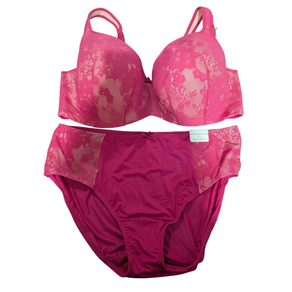 Cacique Bra and Panty Set Womens 42DD 14/16 Pink Bold Lace Balconette Hipster